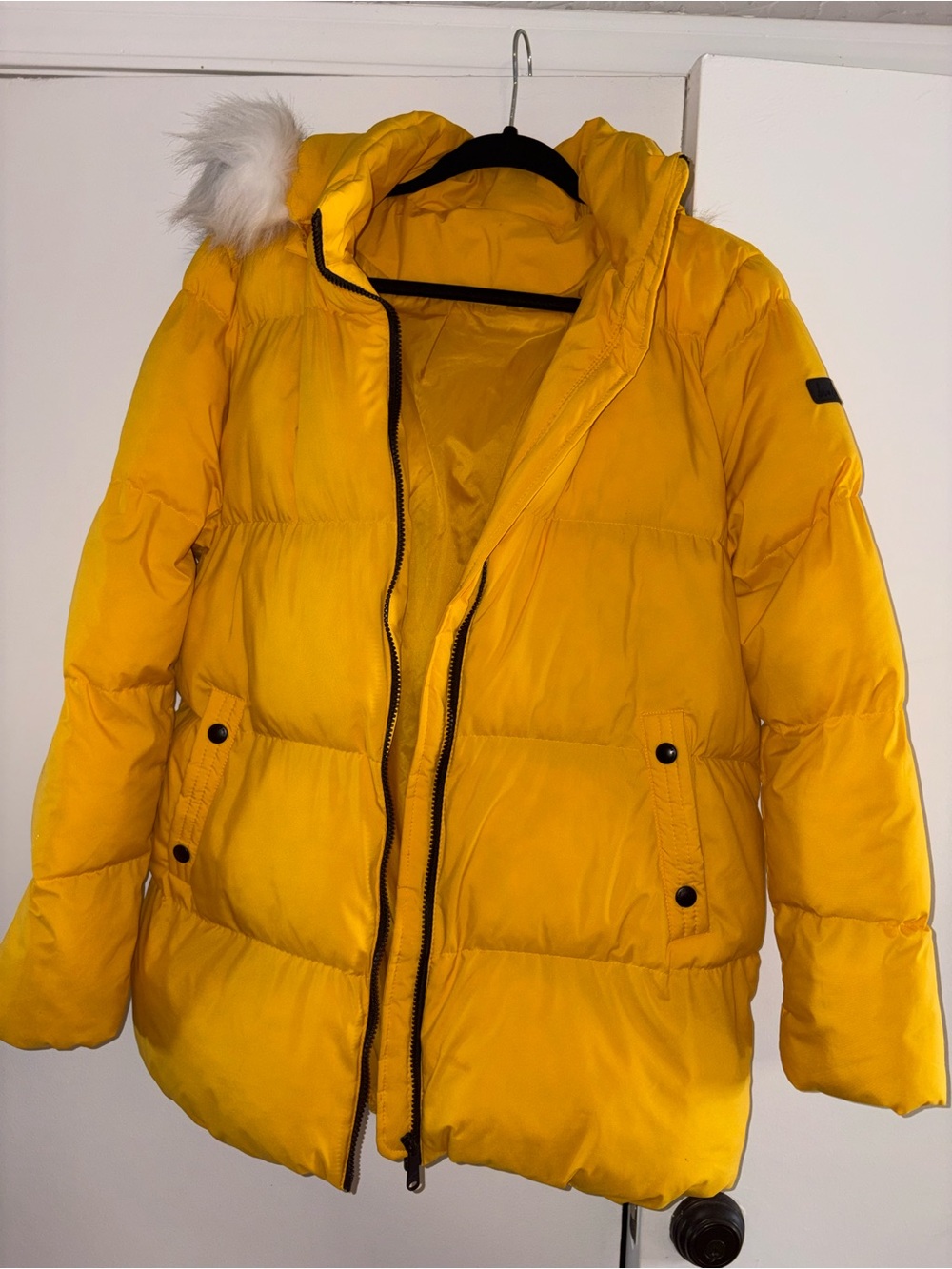 NEW Sam Edelman Women Puffer Jacket Small Yellow Removable Fur Hood Winter Snow